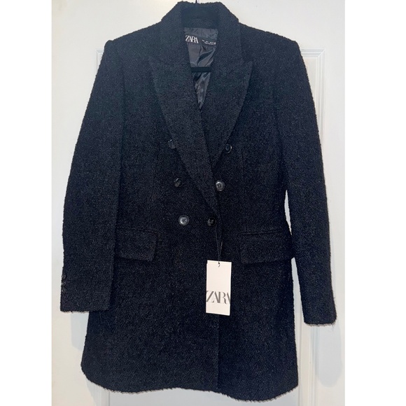 NWT ZARA Coat BOUCLE Wool Blend DOUBLE BREASTED Jacket Black L - Picture 4 of 9
